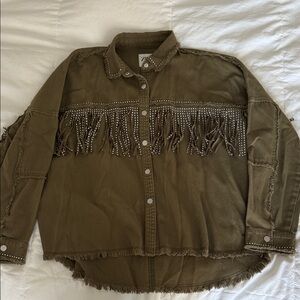 Zara Studded Fringe Olive Jacket